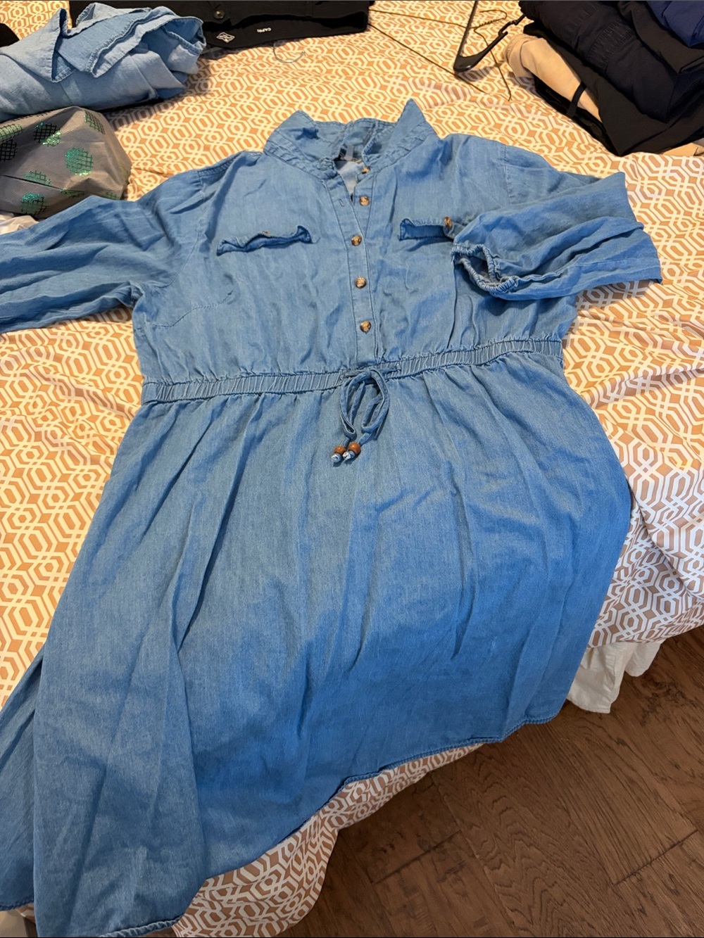 Casual Denim-Blue Drawstring Shirt Mini Dress - Women's